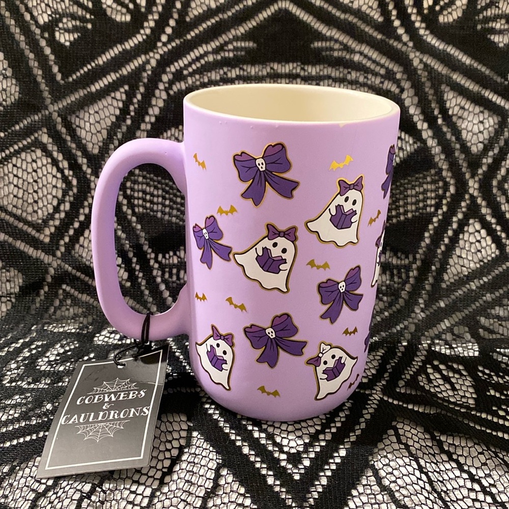 Reading Book Ghost Skull Bow Halloween Smooth Matte Soft Touch Coffee Tea Mug
